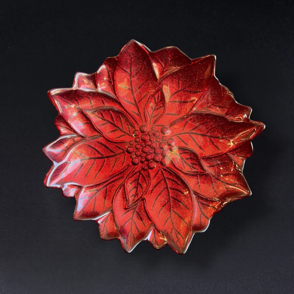 Turkish Glass Red Glitter Poinsettia Dessert Plate 9 inch Holiday Floral Dish